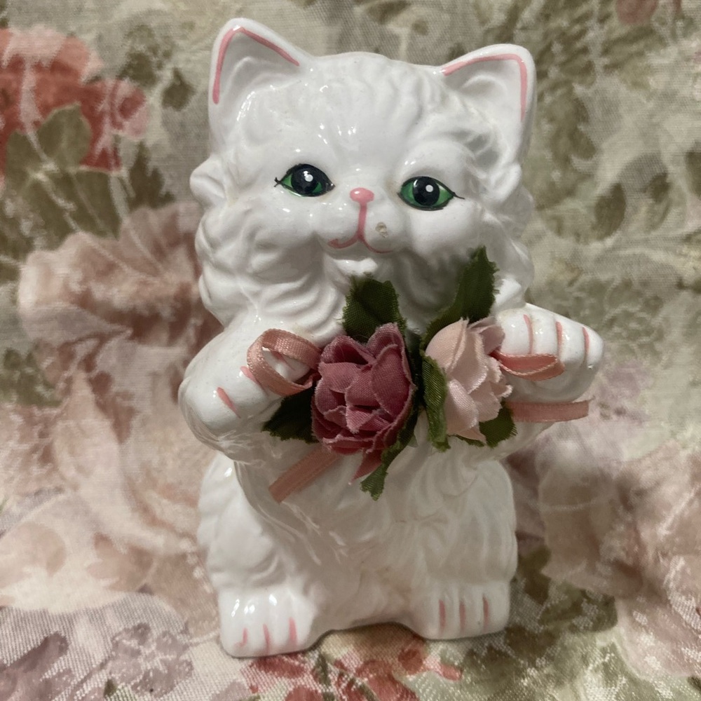 Vintage Ceramic Cat with Floral Collar